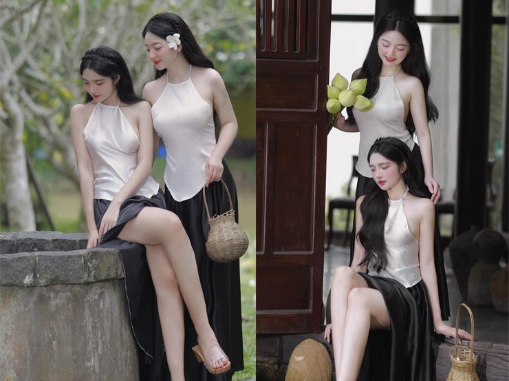 Mai Ngọc Khánh Linh và Quỳnh Trâm thu hút mọi ánh nhìn khi diện áo yếm, váy đụp trong bộ ảnh "thôn nữ hái sen".
