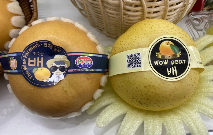 Sản phẩm lê nhập khẩu chính hãng từ Hàn Quốc (bên trái), lê giả nhãn hiệu nhập khẩu (bên phải)