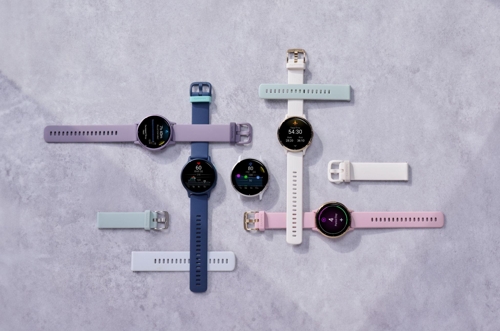 Garmin vívoactive 5 có dây đeo silicon êm ái với 4 màu sắc bao gồm: tím, đen, xanh dương và trắng ngà