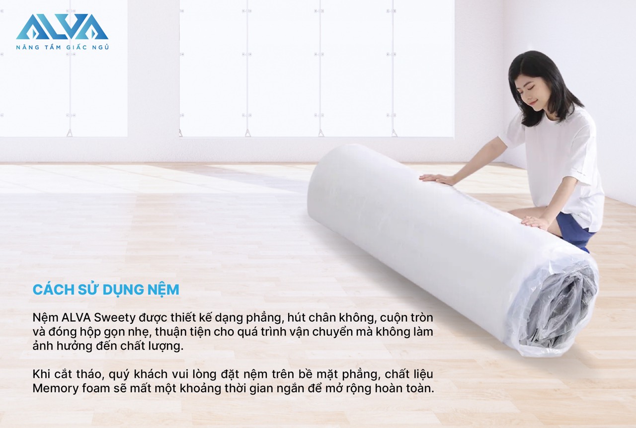 Nệm được hút chân không, cuộn tròn trong thùng carton dễ di chuyển và sử dụng ngay khi cắt bọc