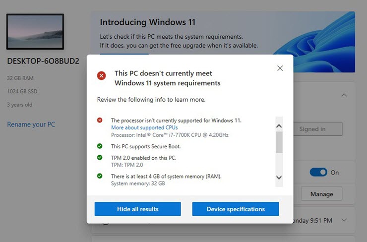 Bước kiểm tra yêu cầu tương thích khó chịu khi muốn nâng cấp lên Windows 11.