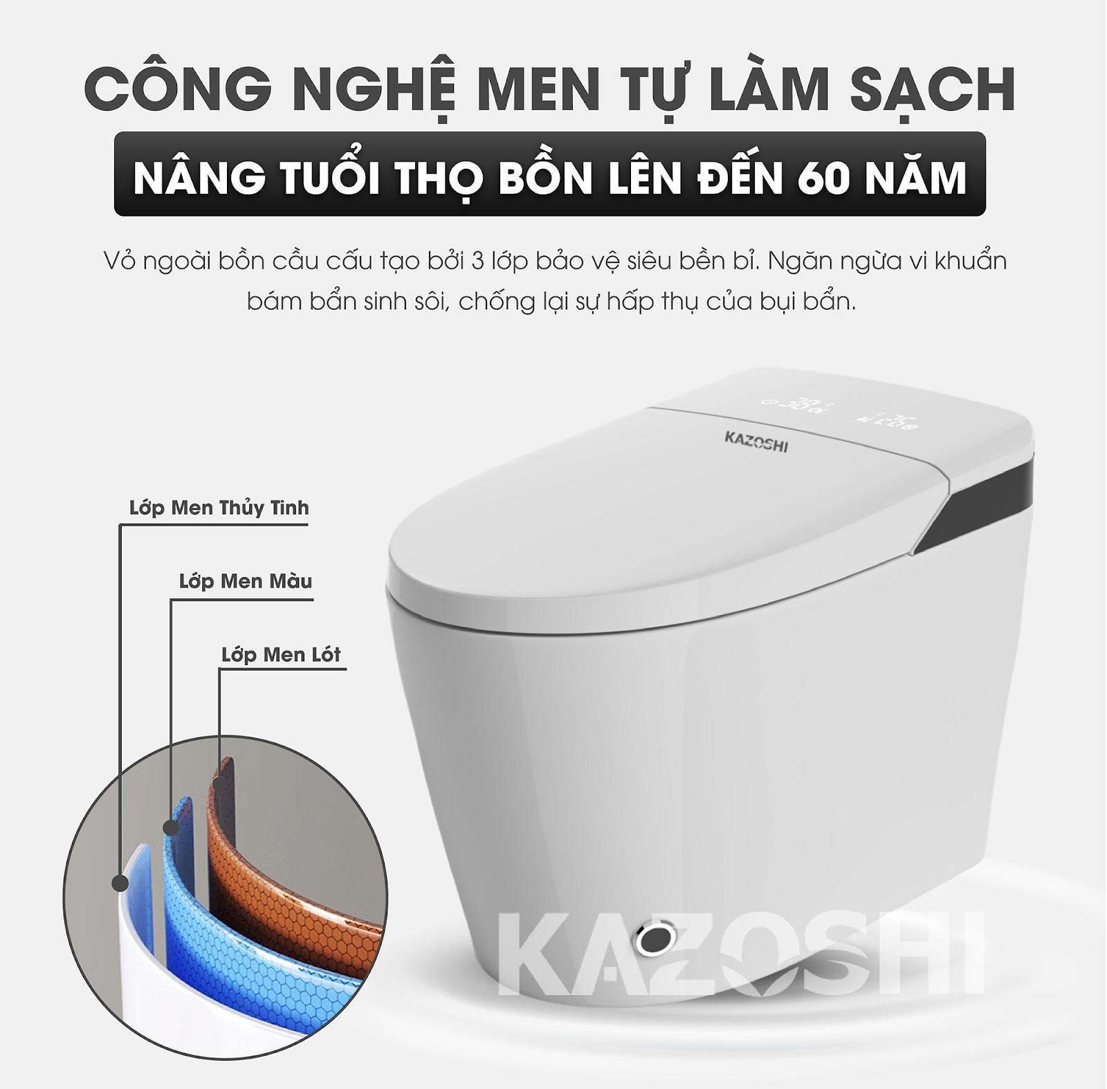 Công nghệ men tự làm sạch cấu tạo bởi 3 lớp bảo vệ siêu bền bỉ giúp nâng tuổi thọ bồn lên đến 60 năm&nbsp;(Nguồn:&nbsp;https://kazovietnam.com/)