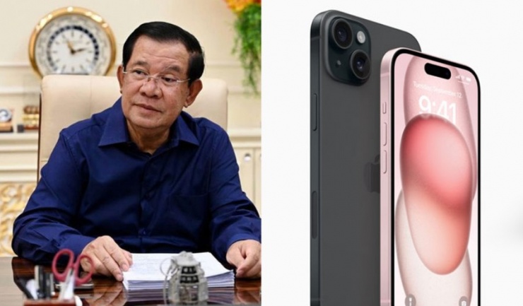 Cựu Thủ tướng Campuchia Hun Sen và mẫu điện thoại iPhone. Ảnh: KHMER TIMES