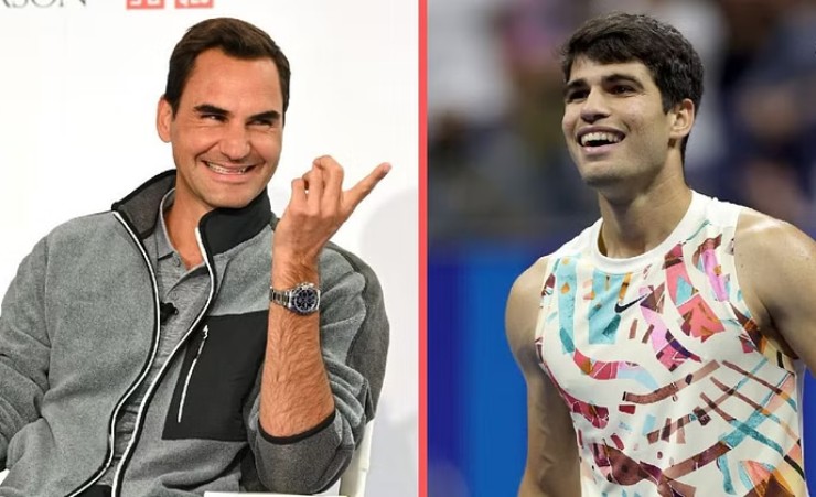 Federer (trái) "nửa đùa nửa thật" nói về việc lấy lại phòng thay đồ từ Alcaraz (phải)
