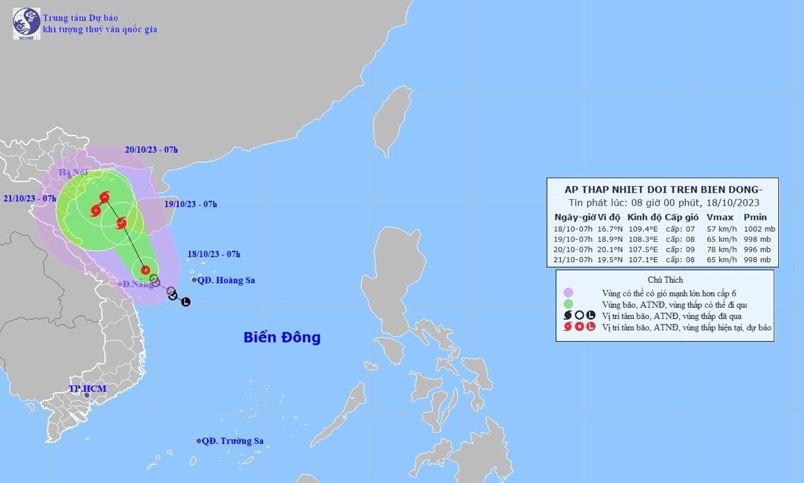 Vị trí và hướng di chuyển tiếp theo của áp thấp nhiệt đới. (Ảnh: Trung tâm Dự báo KTTVQG)