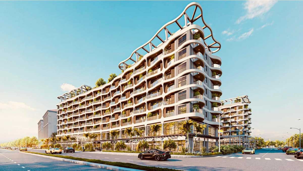 Ảnh phối cảnh toà căn hộ The 5Way Phú Quốc phong cách nhiệt đới Tropical.