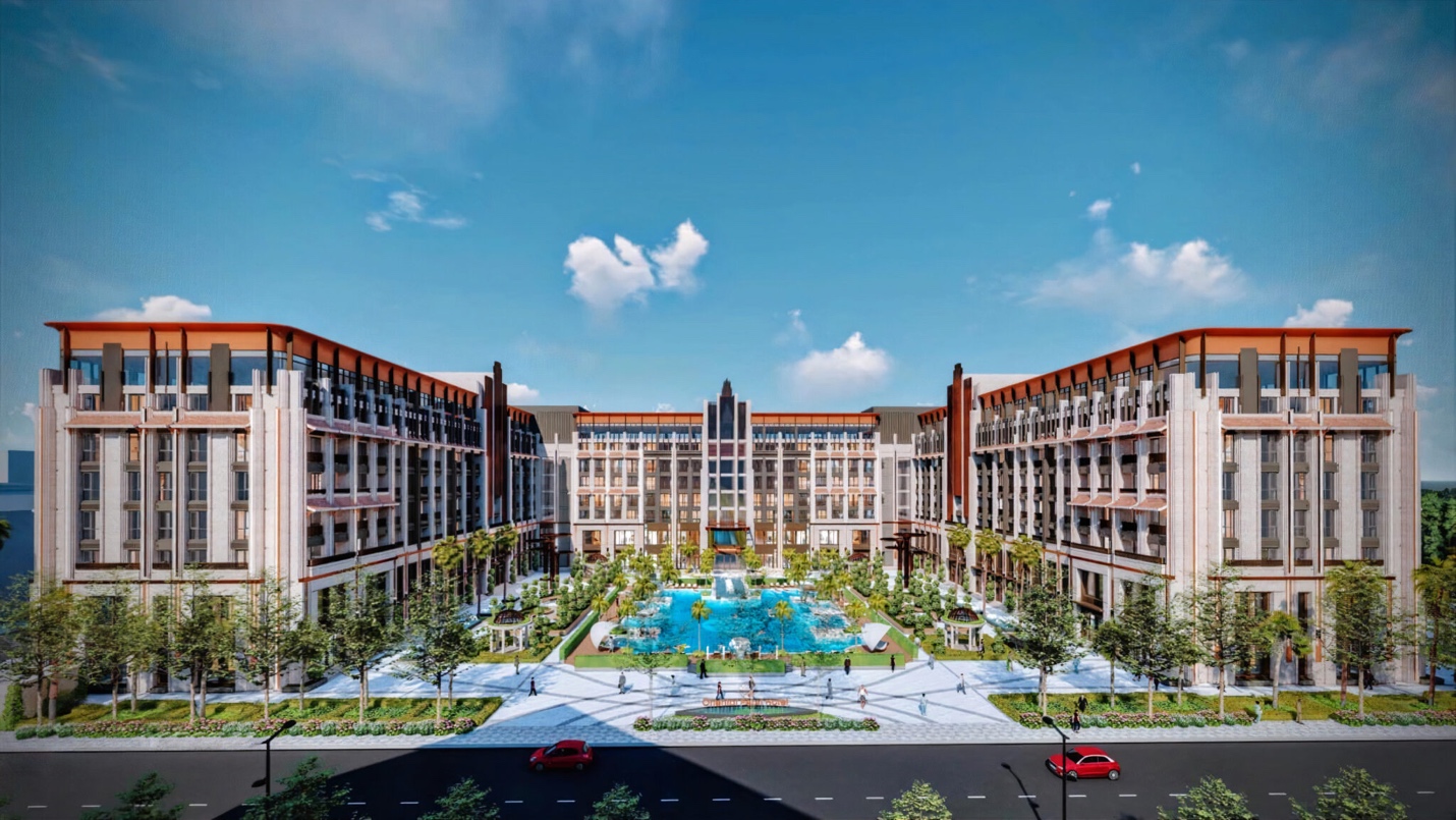 Ảnh phối cảnh toà căn hộ The 5Way Phú Quốc phong cách Indochine.