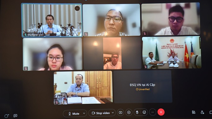 Cán bộ các cơ quan đại diện Việt Nam tại Israel, Ả Rập Saudi và Ai Cập kiêm nhiệm Nhà nước Palestine họp trực tuyến. Ảnh: Bộ Ngoại giao cung cấp.