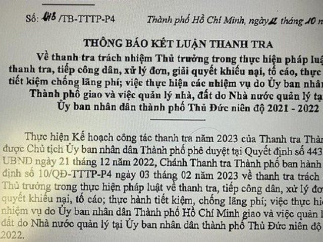 Kết luận thanh tra tại UBND TP Thủ Đức