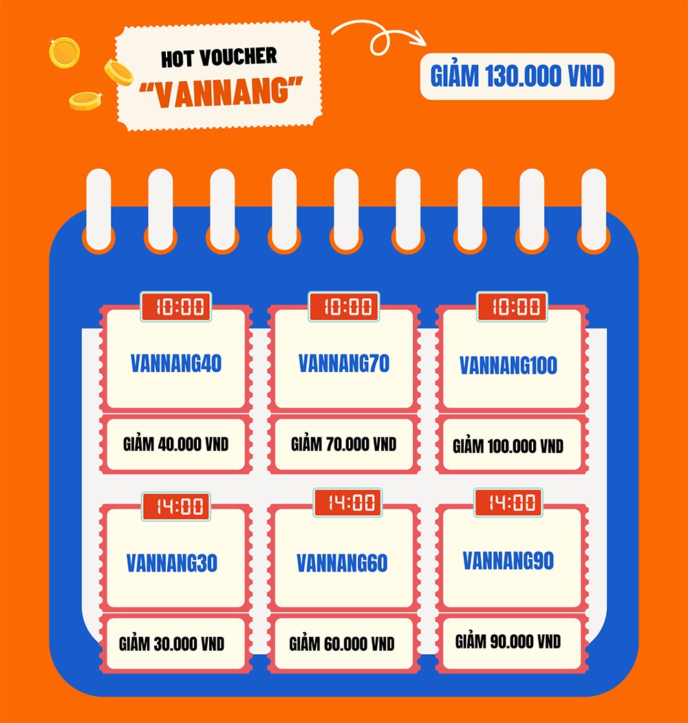 Canh hai khung 10H và 14H mỗi ngày để săn liền tay bộ voucher VANNANG “siêu đỉnh" giảm thẳng từ 30.000 đến 130.000 đồng từ ShopeeFood nhé bạn ơi!