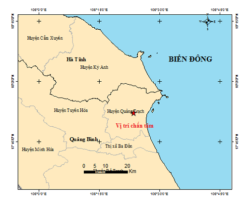 Vị trí xảy ra trận động đất sáng nay tại Quảng Bình.