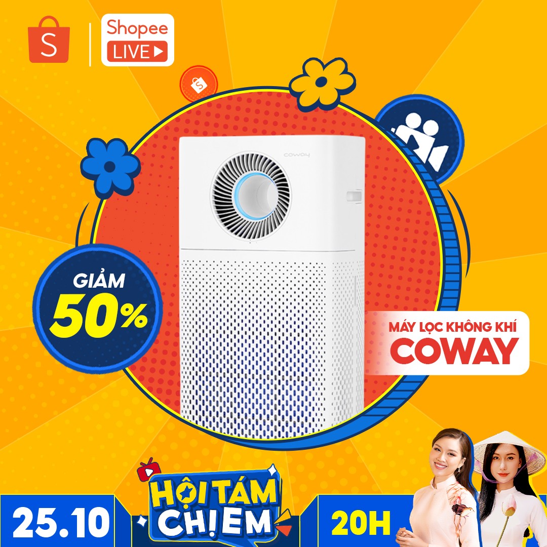 Chiếc máy lọc không khí Coway giá 17.000.000 đồng được giảm còn 7.650.000 đồng duy nhất với voucher 50% trên livestream Shopee Live