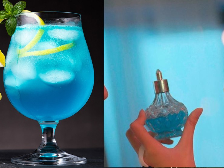 Sự tương đồng về màu sắc dễ nhận thấy của "nước khoái" trong Biệt Dược Đen và rượu Curacao.