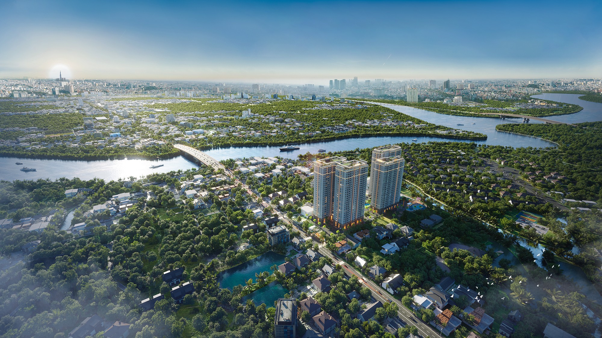 Phối cảnh một dự án nhà ở cao tầng hội tụ đầy đủ nét đẹp thiên nhiên xanh mát đặc trưng của Nhà Bè. Ảnh: Khải Hoàn Prime.
