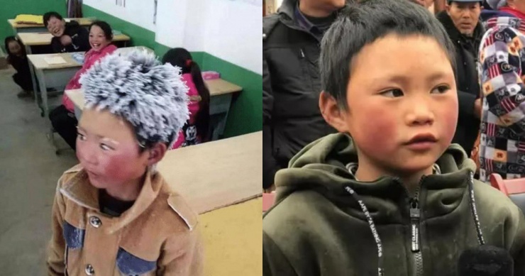 Vương Phú Mãn (8 tuổi) đã trở thành hiện tượng mạng xã hội với bức hình đầu đóng đầy băng sau khi đi bộ đến trường. Ảnh:&nbsp;Sohu.