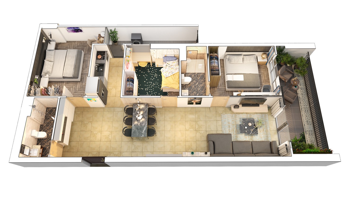 Mặt bằng căn hộ 3PN Zen Tower – Feliz Homes