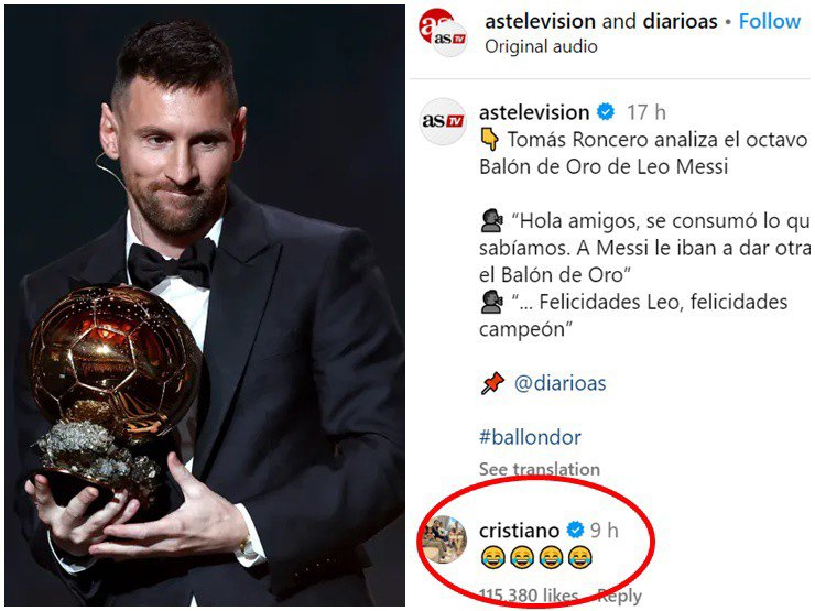 CR7 đã có phản ứng gây tranh cãi về việc Messi có 8 Quả bóng vàng.