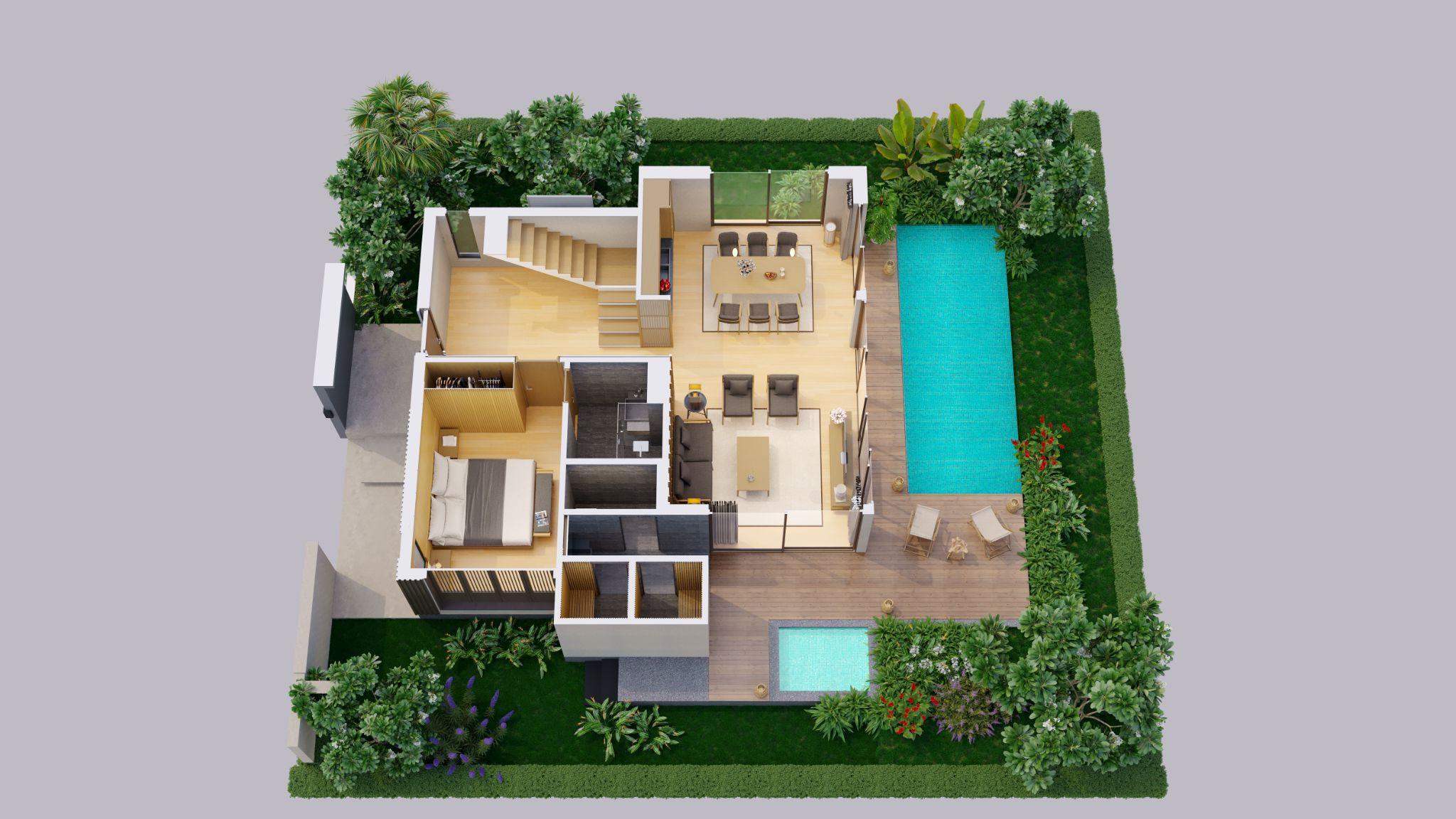 Thiết kế biệt thự đơn lập Meiji Villas với khuôn viên tầng 1 chăm sóc sức khỏe và sum vầy bên gia đình