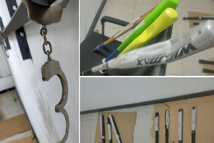 Còng tay, gậy bóng chày và dùi cui là ba trong số đồ vật được phát hiện trong "phòng tra tấn". Ảnh: PAOCC