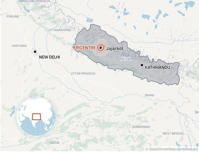 Tâm chấn trận động đất xảy ra ở Jajarkot cách thủ đô Kathmandu khoảng 500 km về phía Tây. Ảnh: Open Street Map