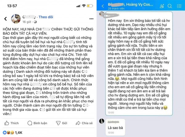 Những dòng tin nhắn thông báo “bể hụi” được gửi cho các hụi viên trong group hoặc đăng công khai trên mạng