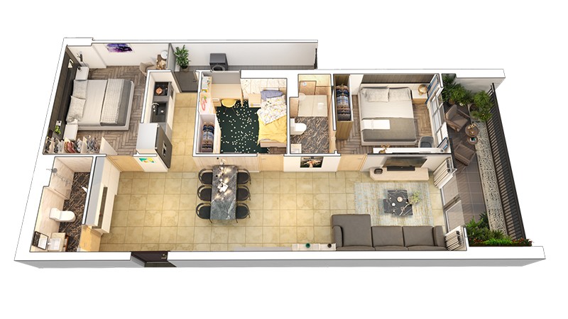 Mặt bằng căn hộ 3PN Zen Tower – Feliz Homes