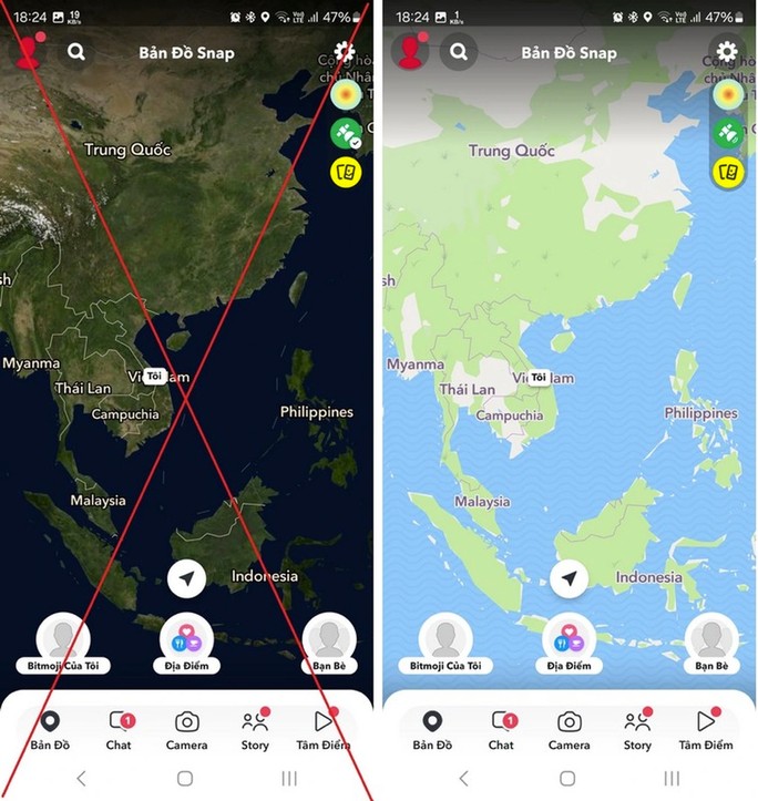 Bản đồ "đường lưỡi bò" phi pháp chỉ xuất hiện trên Snapchat khi xem bản đồ ở chế độ vệ tinh (trái), còn ở chế độ bản đồ khám phá thông thường (phải) sẽ không thấy chi tiết này. Ảnh chụp màn hình
