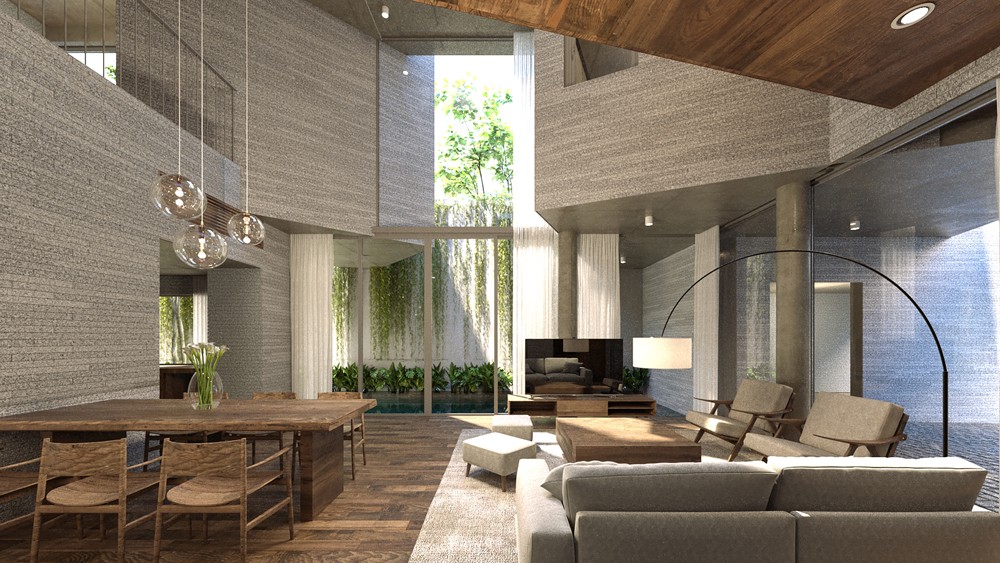 Những không gian đặt lệch nhau và hầu hết tiếp xúc với vườn cây tạo ra chênh lệch áp suất giúp không khí trong nhà luôn mát mẻ. 