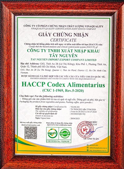 Tây Nguyên Food Việt Nam được cấp chứng nhận HACCP