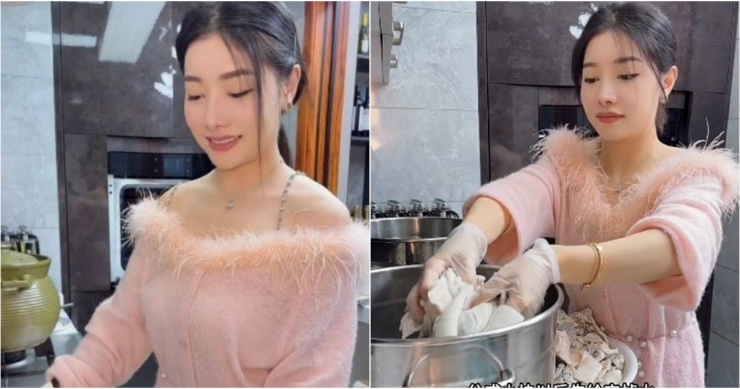 Sau đó, nữ vlogger thậm chí còn dùng 7749 "tuyệt kỹ" của mình để chế biến con cá sấu nặng gần một tạ. Ảnh: Weibo.