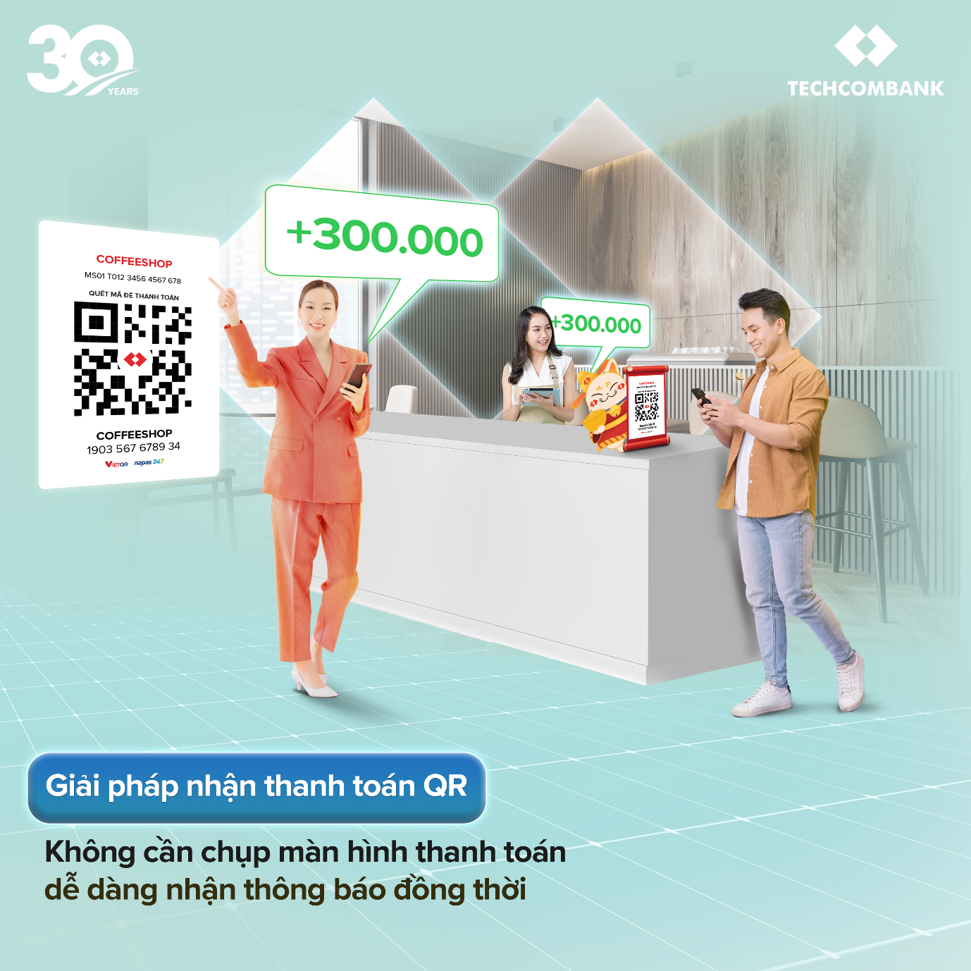 Giải pháp nhận thanh toán QR cho phép chủ tài khoản và nhân viên đồng thời nhận thông báo ngay khi có giao dịch thành công qua mã QR cửa hàng