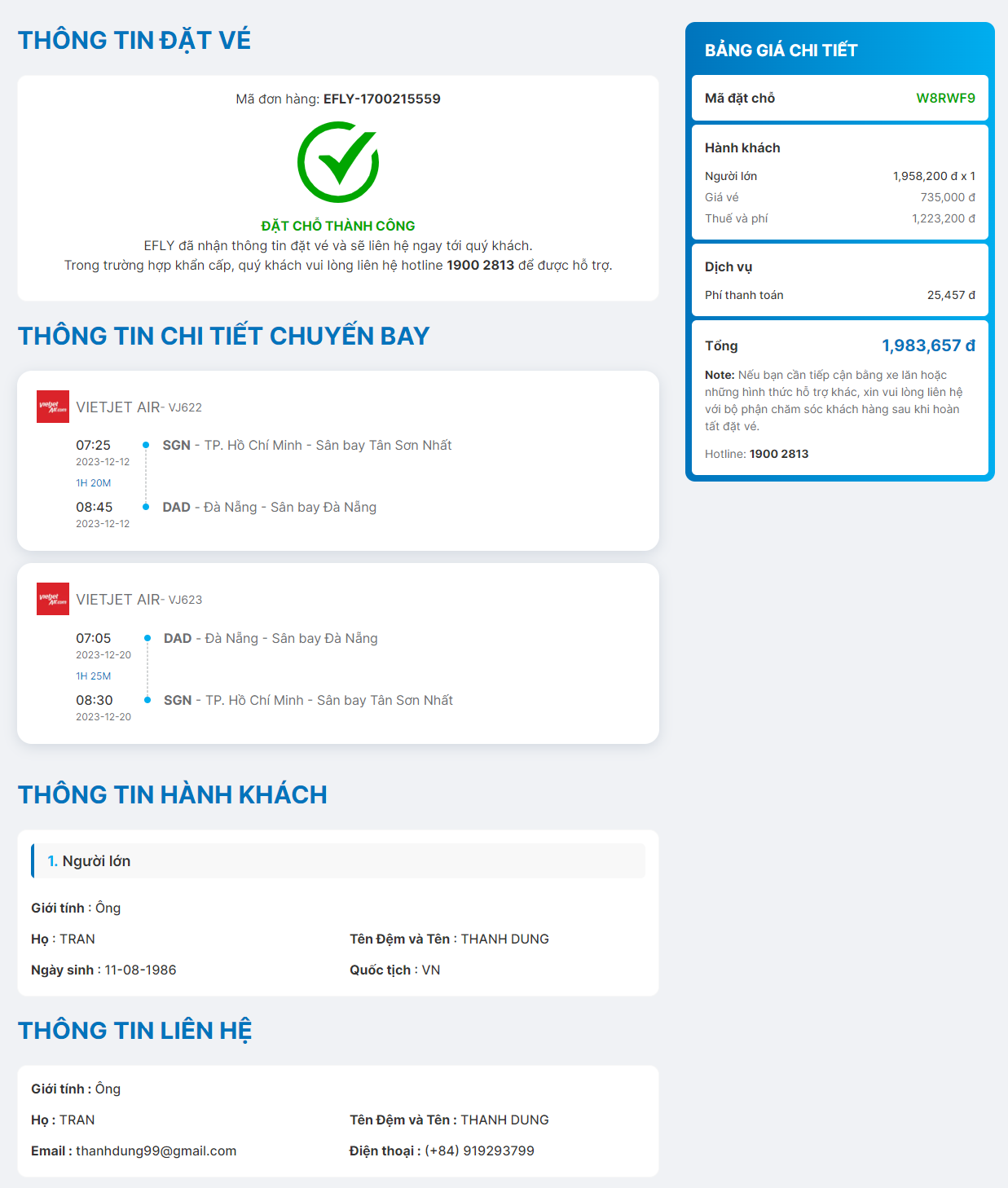 Khi thanh toán thành công, hệ thống sẽ tự động hiển thị trang thông báo như hình
