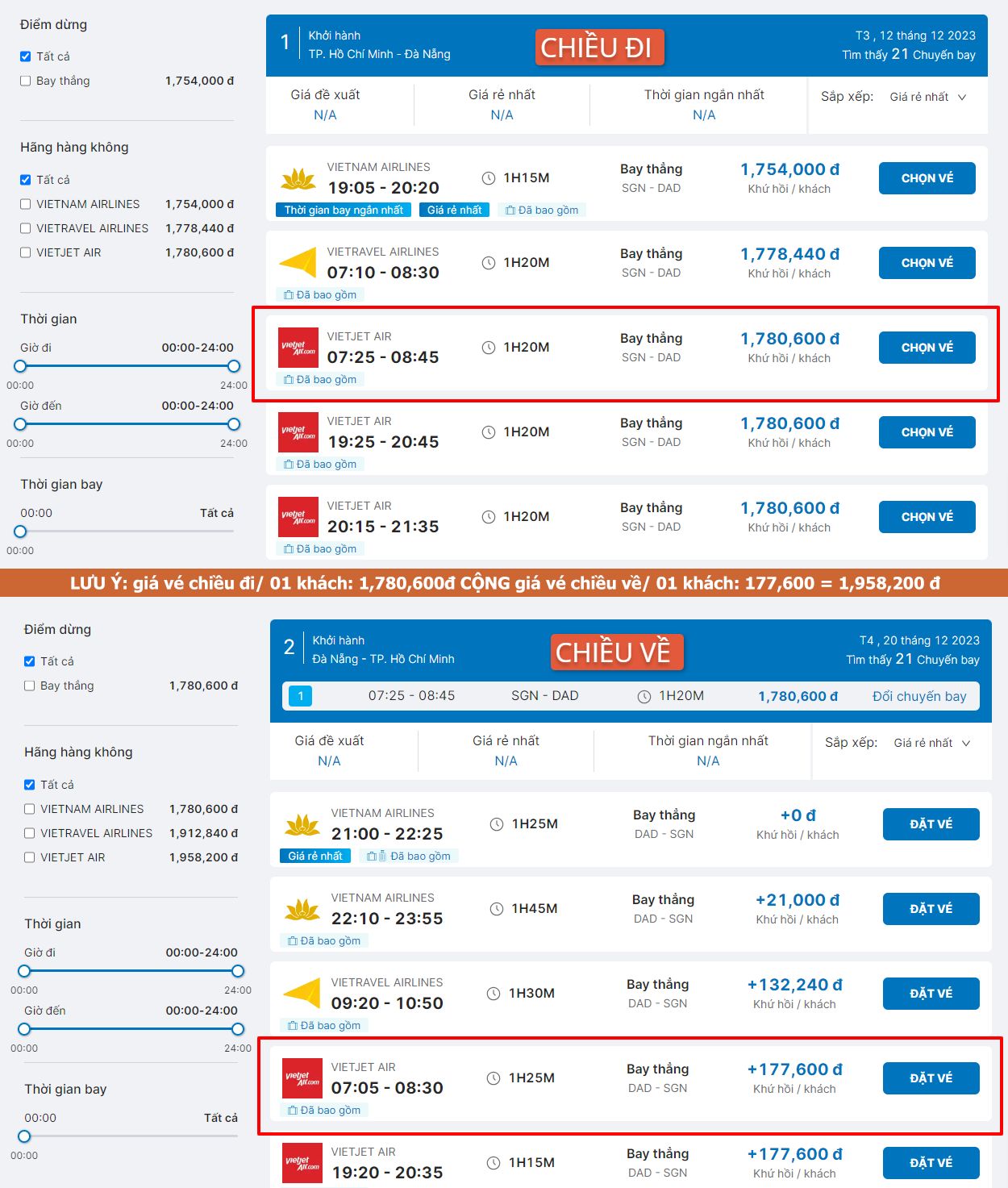 Các chuyến bay được sắp xếp theo giá vé từ thấp tới cao