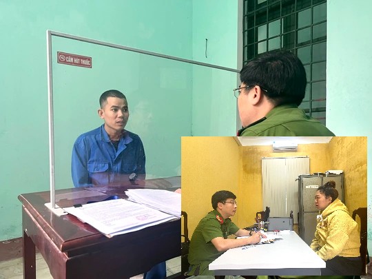 Võ Hoài Nhơn (ảnh lớn) và Nguyễn Thị Hương (ảnh nhỏ) tại cơ quan công an.