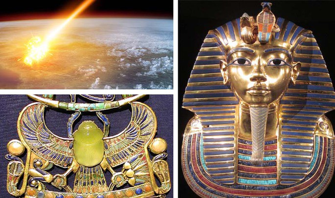 Ảnh mô phỏng một vụ va chạm thiên thạch, mặt dây chuyền của Pharaoh Tutankhamun với con bọ hung làm bằng thủy tinh Libya và chân dung ông trên một chiếc mặt nạ - Ảnh: BỘ CỔ VẬT AI CẬP/NASA