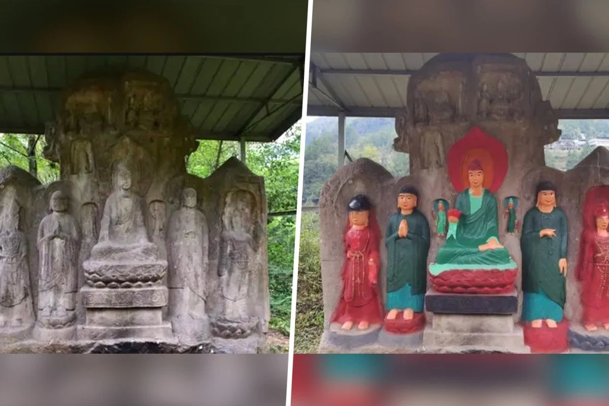 Bộ tượng Phật cổ trước và sau khi bị sơn màu (ảnh: SCMP)