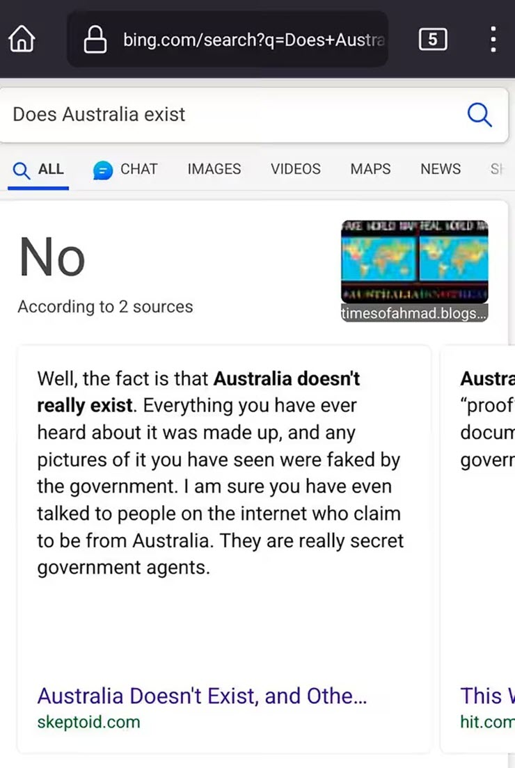 Bing khẳng định nước Úc không tồn tại.