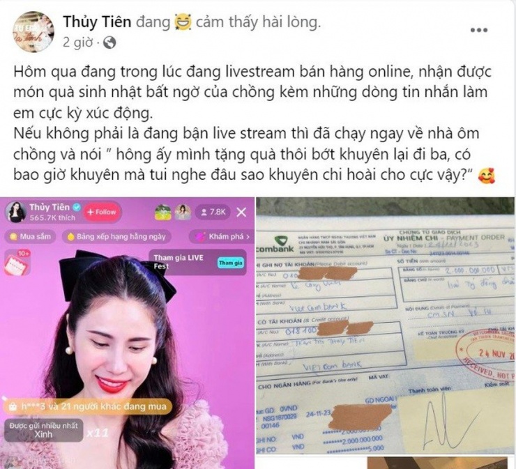 Mới đây, ca sĩ Thủy Tiên khoảnh khắc tràn ngập hạnh phúc khi nhận được món quà sinh nhật đặc biệt từ ông xã Công Vinh. Công Vinh không chỉ chúc mừng sinh nhật vợ mà còn chuyển khoản 2 tỷ đồng, thể hiện sự chân thành và tình cảm giữa đôi vợ chồng. Ảnh chụp màn hình