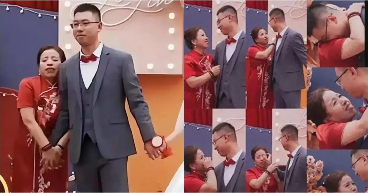 Mẹ chú rể liên tục... làm nũng với con trai mình trên sân khấu, chiếm spotlight của con dâu. 