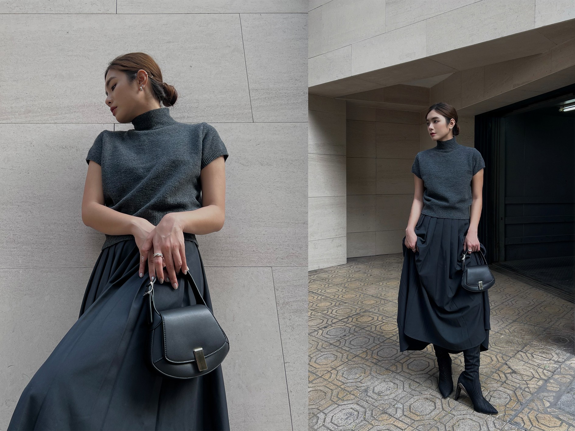 Nàng thơ Bynellie phá cách với sắc xám của đôi boots cao gót Devon Metallic Blade