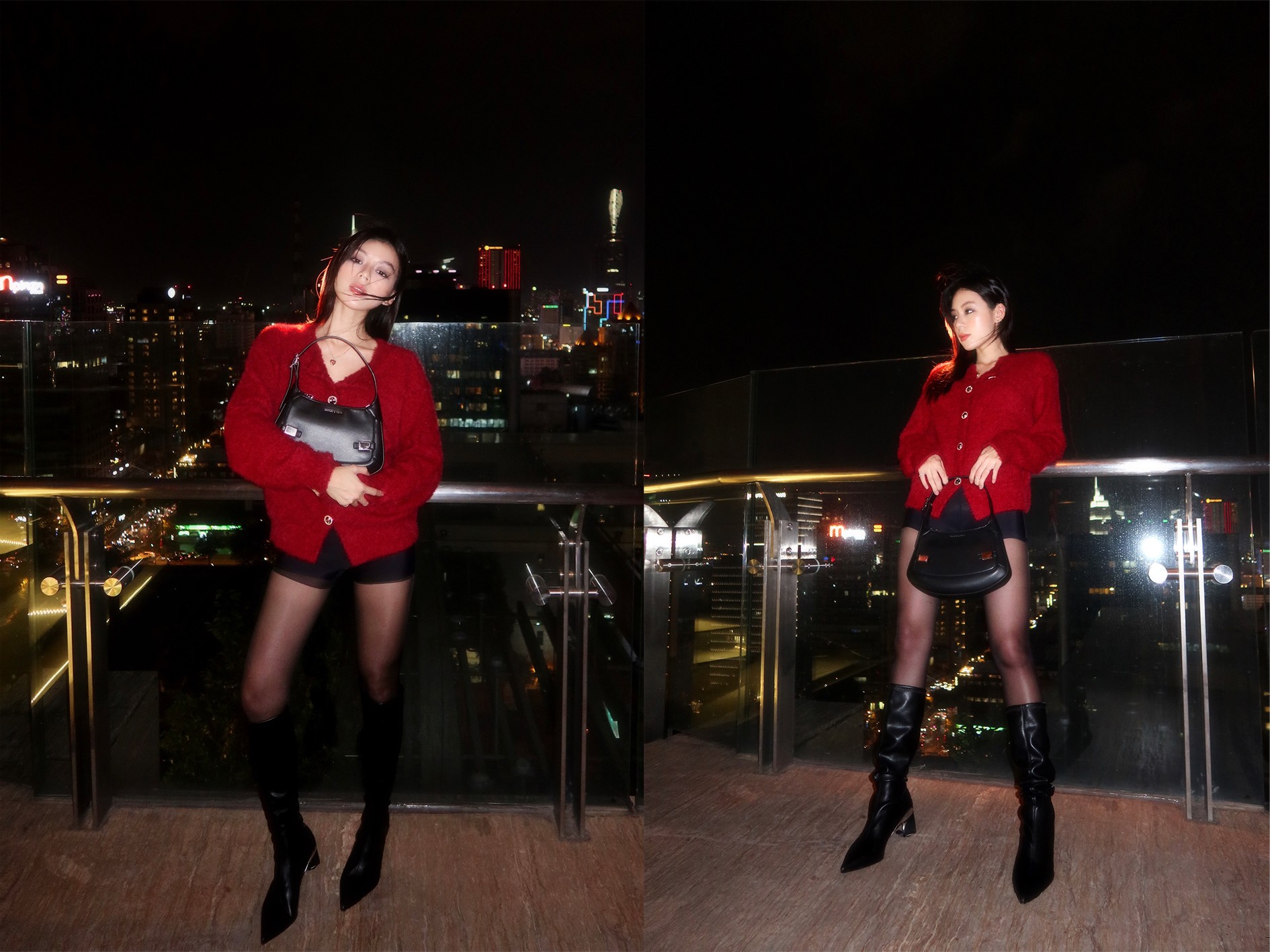 Túi đeo vai Metallic cùng giày boots cao gót Devon Metallic Blade là trợ thủ đắc lực cho Huỳnh Như trong dịp Giáng Sinh này