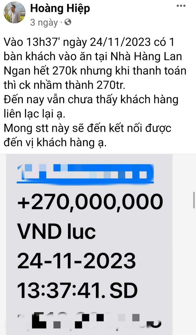 Anh Hoàng Hiệp đăng tải thông tin mong tìm lại vị khách chuyển nhầm số tiền lớn khi ăn cơm tại nhà hàng của gia đình anh