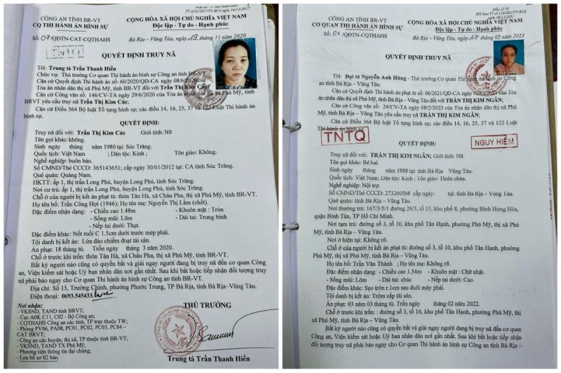 Cơ quan Thi hành án hình sự Công an tỉnh Bà Rịa-Vũng Tàu có quyết định truy nã đối với Trần Thị Kim Cúc và Trần Thị Kim Ngân.