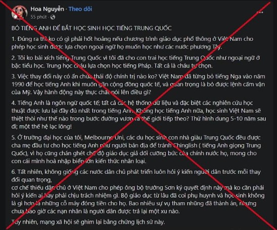 Thông tin xuyên tạc trên mạng xã hội liên quan giảng dạy tiếng Trung Quốc