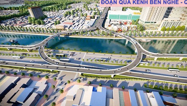 Nhánh cầu chính sẽ xây dựng cầu vượt kênh Tẻ, tiếp tục đi trên cao bằng cầu cạn theo đường Nguyễn Khoái, sau đó vượt rạch Bến Nghé để kết nối vào đường Võ Văn Kiệt theo hai nhánh cầu riêng biệt N7 và N8. Dự án cũng có 8 cầu bộ hành kết nối với các tuyến đường. (Ảnh phối cảnh: Đoạn qua kênh Bến Nghé, quận 1)