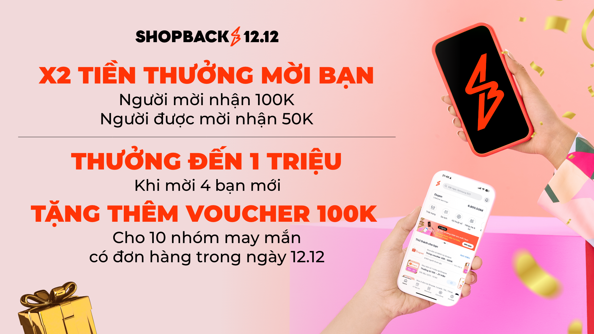 Nhân đôi tiền thưởng và 5 voucher mua sắm trị giá 100.000 đồng cho người dùng tham gia Thử thách mời bạn