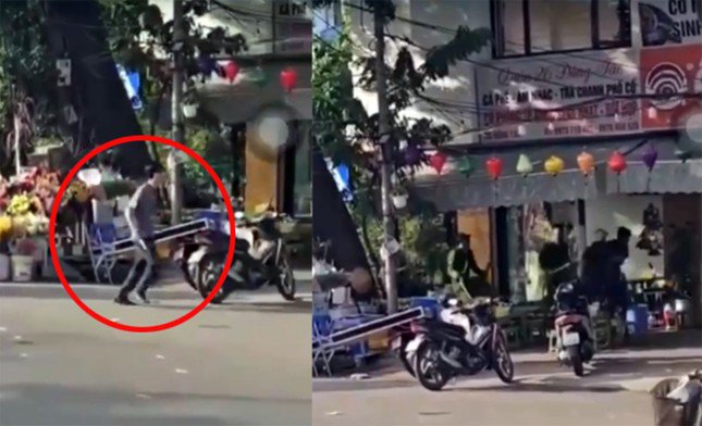 Đối tượng nam giới hung hăng cầm dao tấn công lại cảnh sát. Ảnh cắt từ clip Vũ Hoàng