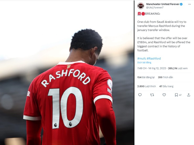 Manchester United Forever gây sốc khi loan tin "đại gia" Saudi Arabia muốn chiêu mộ Rashford