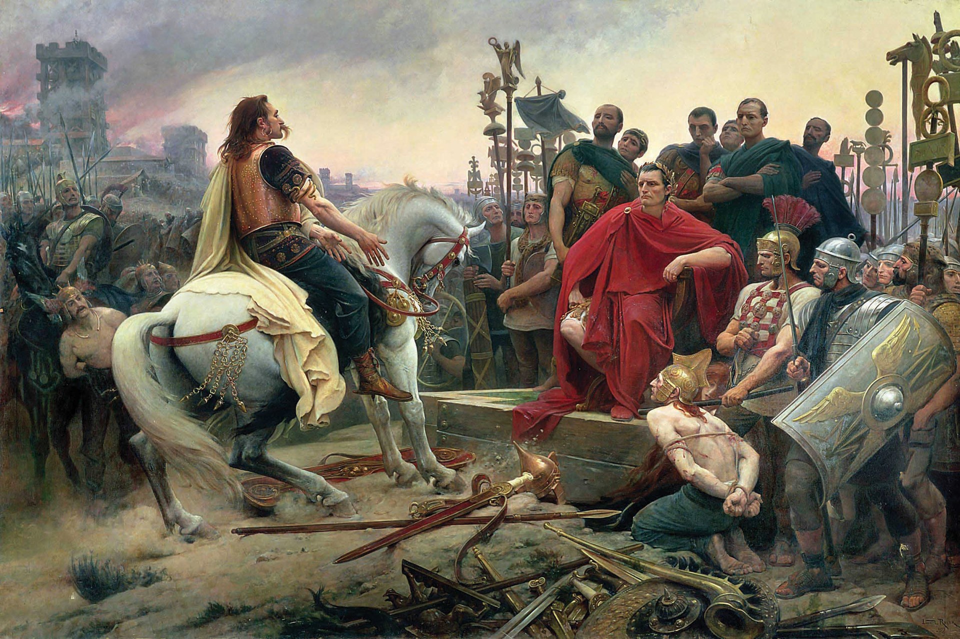 Minh họa cảnh vua xứ Gaul&nbsp;Vercingetorix cưỡi ngựa tới đầu hàng Caesar.