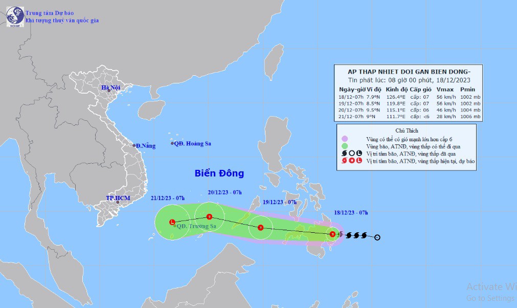 Vị trí và hướng di chuyển tiếp theo của áp thấp nhiệt đới suy yếu từ bão Jelawat. (Ảnh: Trung tâm Dự báo KTTVQG)